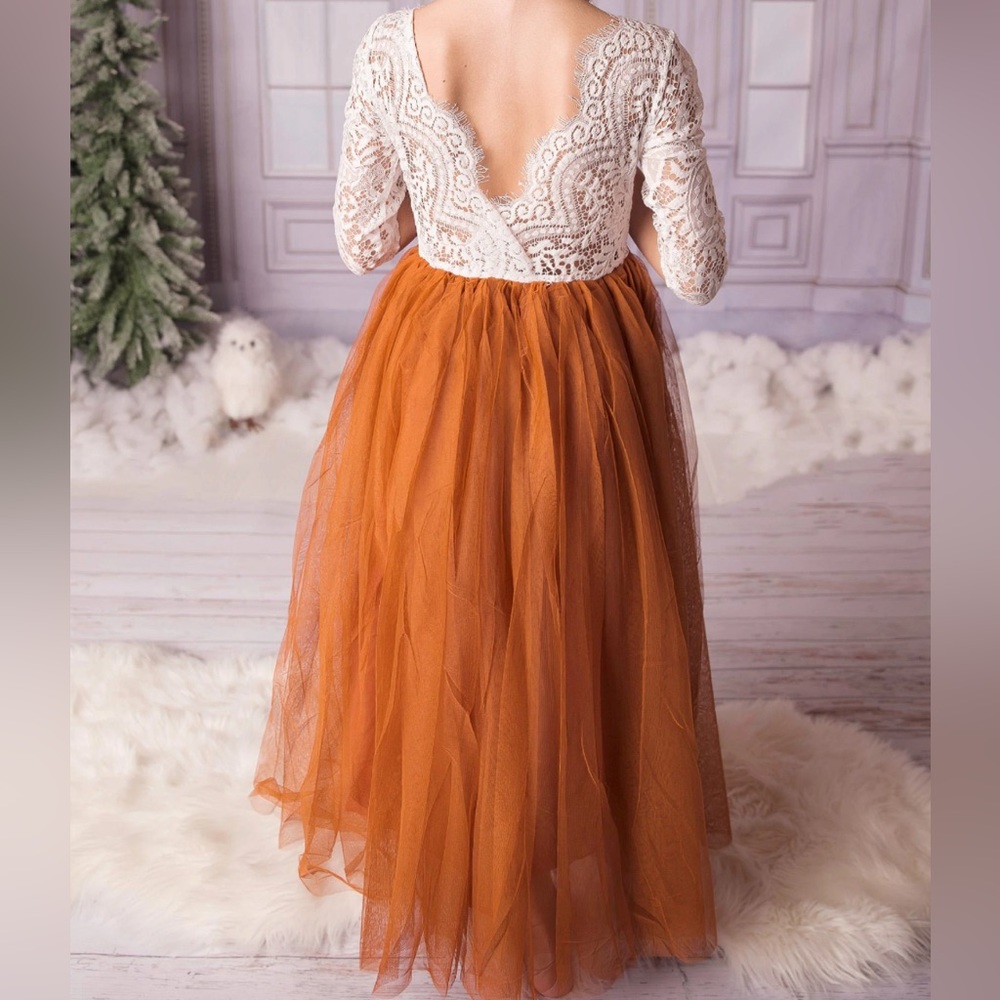 Long Lace and Burnout Orange Tulle Girl dress